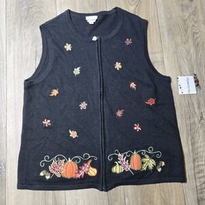 Breckenridge‎ Zip Sweater Vest Women Small XL Patch Halloween Fall Leaves Autumn